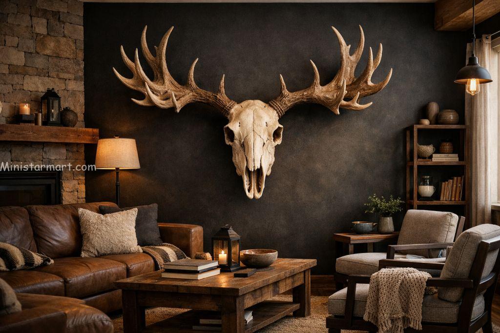 Hyper-realistic handcrafted DIY faux deer skull wall mount display in a modern living room.